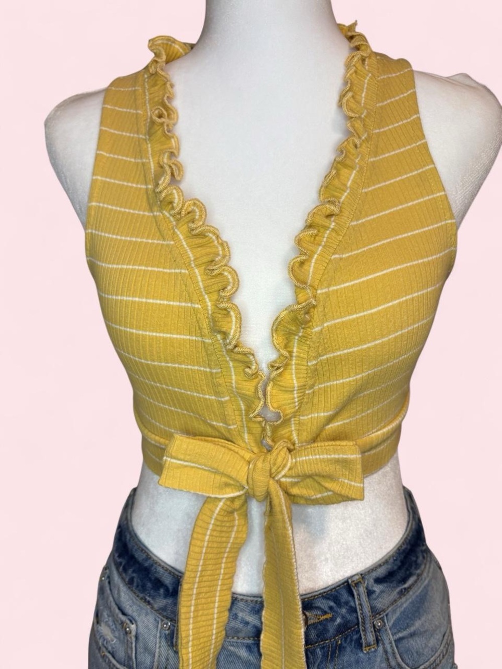 Mustard Yellow Ruffle Tie-Front Crop Top